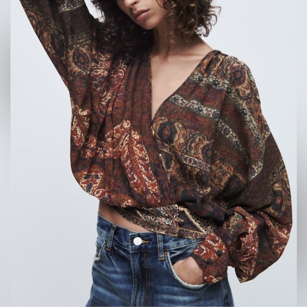 Zara Boho Voluminous Balloon Sleeve Printed Blouse Top NWT